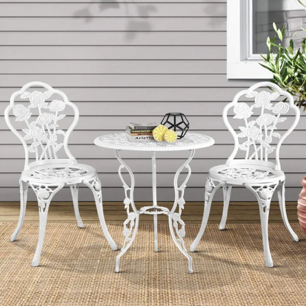 Gardeon 3-Piece Outdoor Setting Bistro Set Chairs Table Cast Aluminium Patio Furniture Rose – White