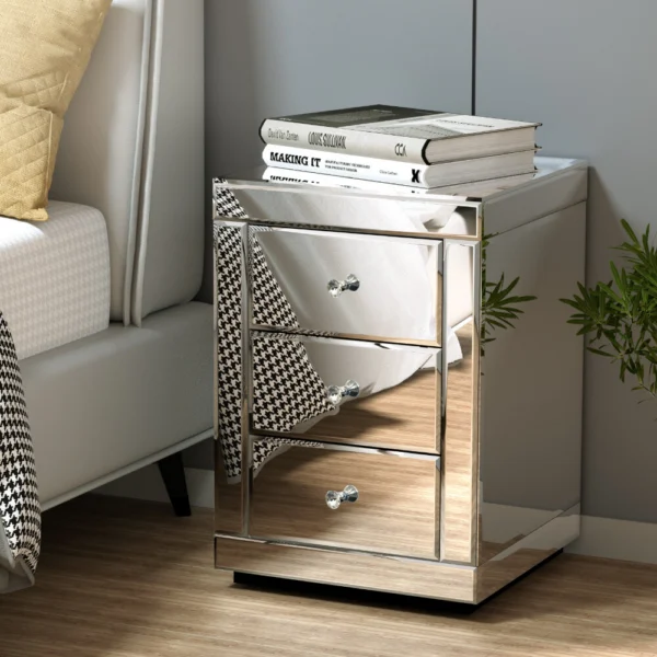 Artiss PRESIA Bedside Table 3 Drawers Mirrored – Silver