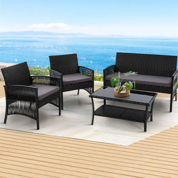 Gardeon 4-Piece Outdoor Sofa Set Wicker Harp Chair Table Garden Furniture – Black