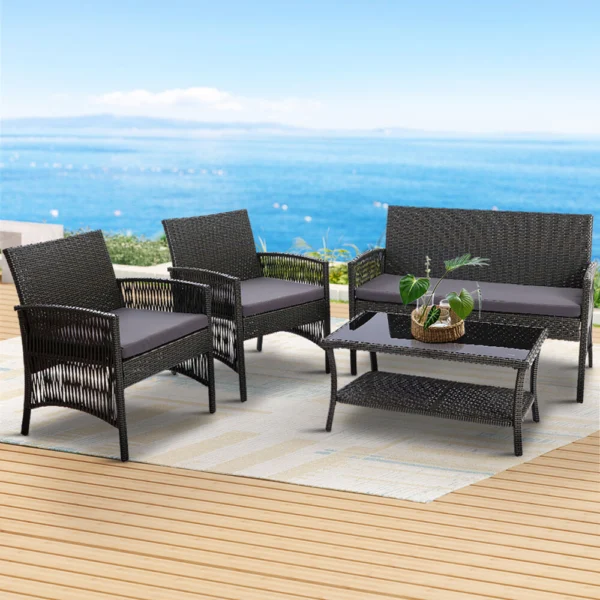 Gardeon 4-Piece Outdoor Sofa Set Wicker Harp Chair Table Garden Furniture – Grey
