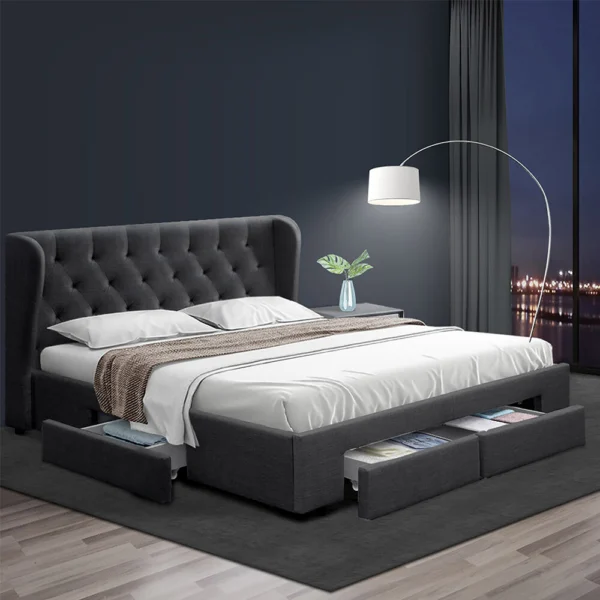 Artiss MILA Queen Bed Frame with 4 Drawers – Charcoal