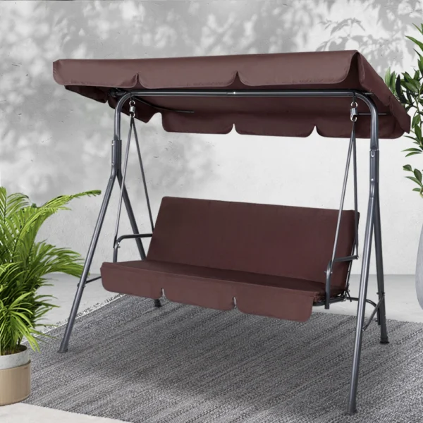 Gardeon Outdoor Swing Chair Garden Chair Bench Furniture Canopy 3 Seater – Brown
