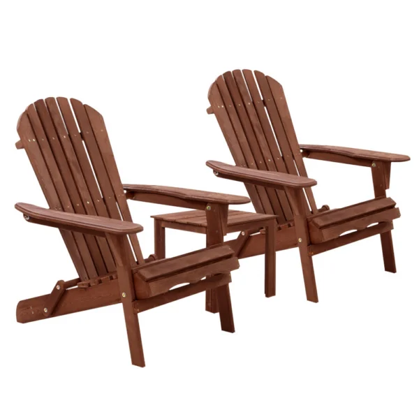 Gardeon 3-Piece Adirondack Outdoor Table and Chairs Wooden Foldable Beach Chair – Brown
