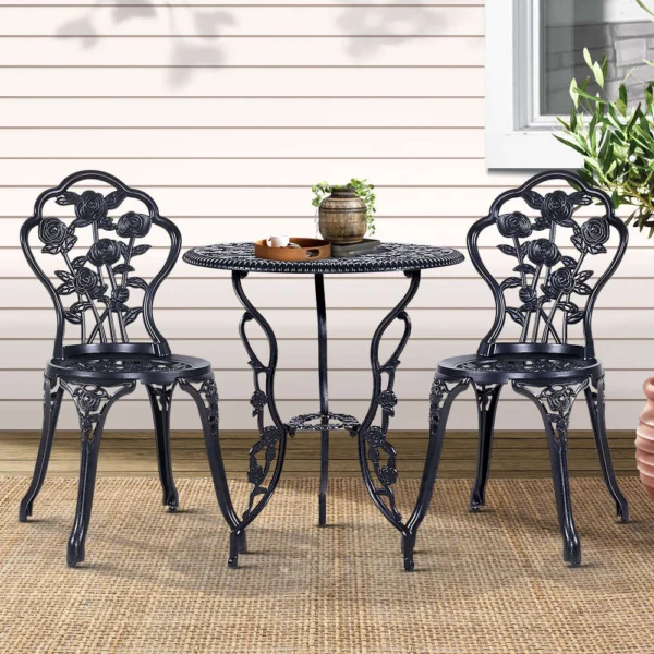 Gardeon 3-Piece Outdoor Setting Bistro Set Chairs Table Cast Aluminium Rose – Black