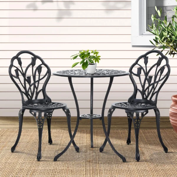 Gardeon 3-Piece Outdoor Setting Bistro Set Chairs Table Cast Aluminium Patio Furniture Tulip – Black