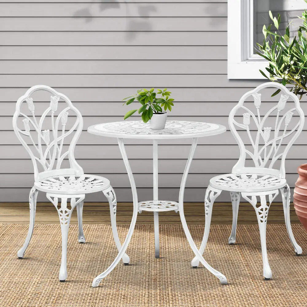 Gardeon 3-Piece Outdoor Setting Bistro Set Chairs Table Cast Aluminium Patio Furniture Tulip – White