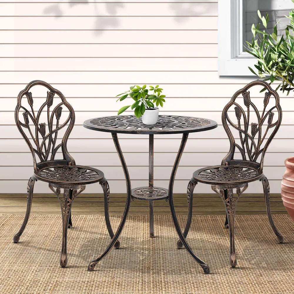 Gardeon 3-Piece Outdoor Setting Bistro Set Chairs Table Cast Aluminium Patio Furniture Tulip – Bronze