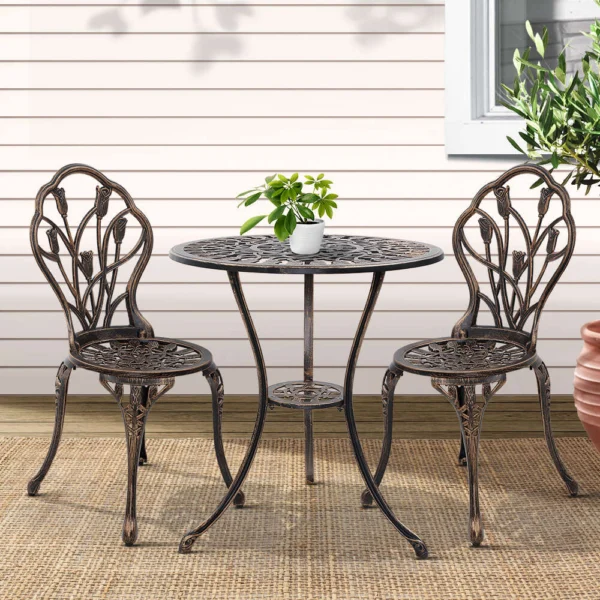 Gardeon 3-Piece Outdoor Setting Bistro Set Chairs Table Cast Aluminium Patio Furniture Tulip – Bronze