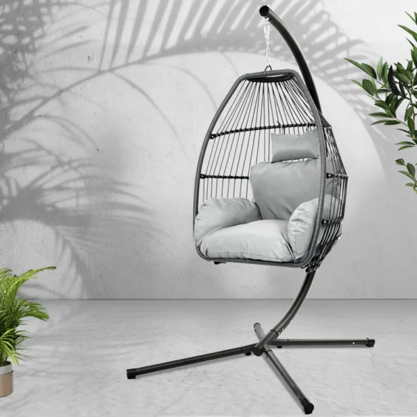 Gardeon Outdoor Egg Swing Chair Wicker Rope Furniture Pod Stand Cushion – Grey