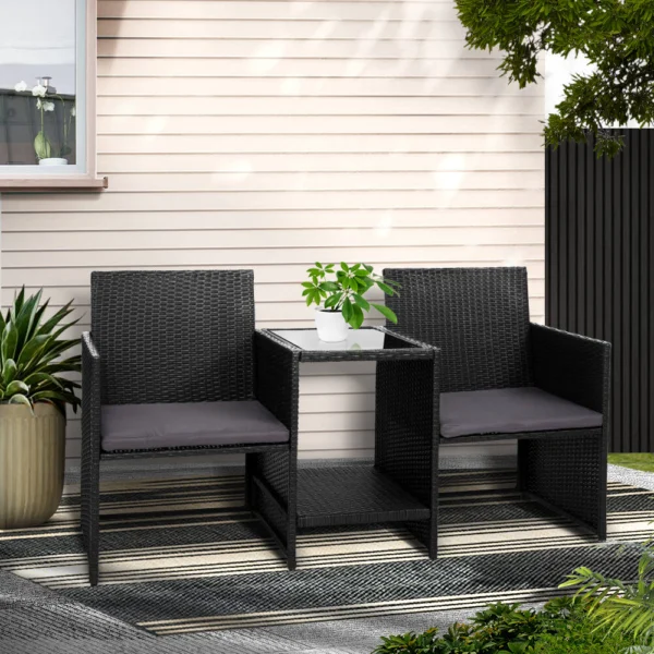 Gardeon Outdoor Setting Wicker Loveseat Bistro Set Patio Garden Furniture – Black