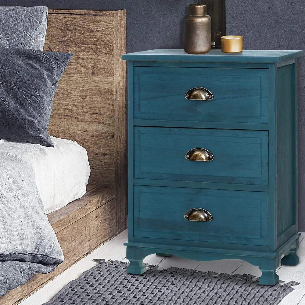 Artiss THYME Bedside Table 3 Drawers Vintage – Blue