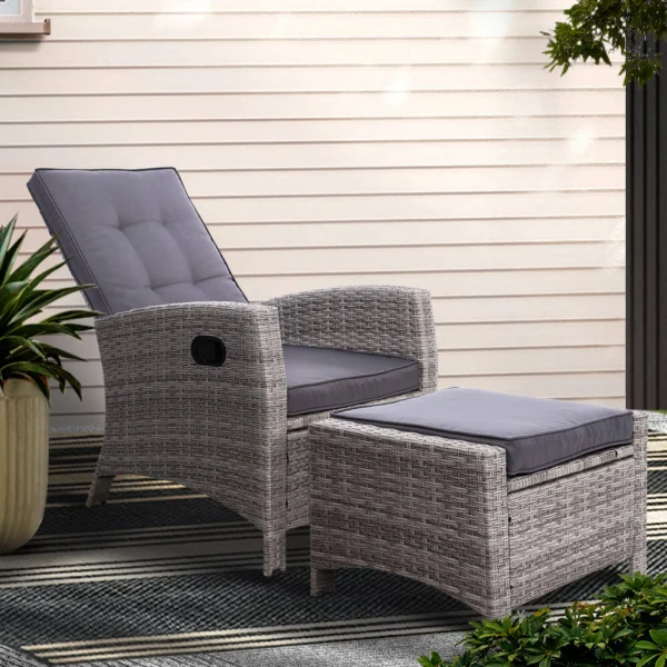 Gardeon Recliner Chair Sun Lounge Wicker Lounger Outdoor Patio Furniture Adjustable – Grey