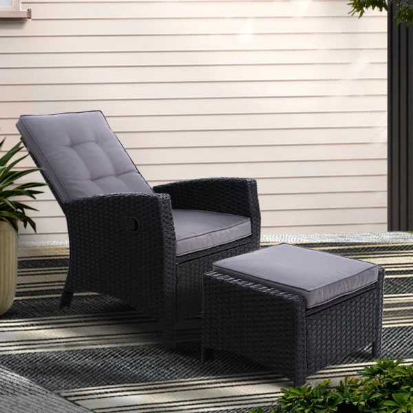 Gardeon Recliner Chair Sun Lounge Wicker Lounger Outdoor Patio Furniture Adjustable – Black
