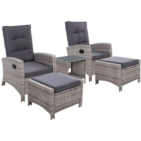 Gardeon 5-Piece Recliner Chairs Table Sun Lounge Wicker Outdoor Furniture Adjustable – Grey