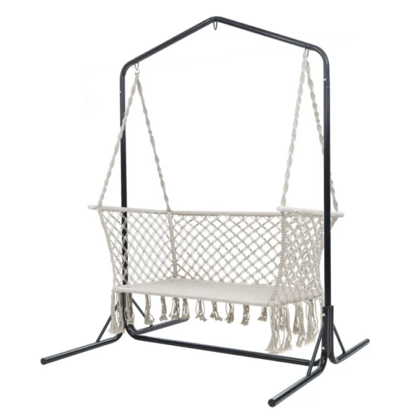 Gardeon Hammock Chair with Stand Macrame Outdoor Garden 2 Seater – Cream