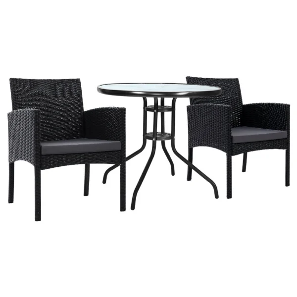 Gardeon 3-Piece Bistro Set Outdoor Furniture Rattan Table Chairs Cushion Patio Garden Ezra