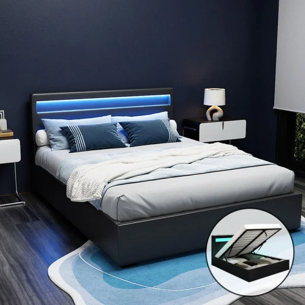 Artiss COLE Queen LED Gas Lift Bed Frame – Black