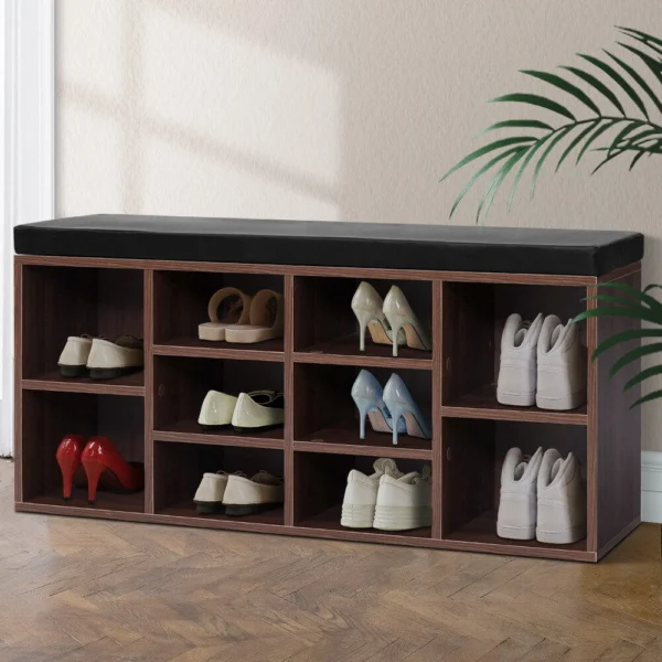Artiss Shoe Rack Cabinet Bench 10 Cubes – Walnut