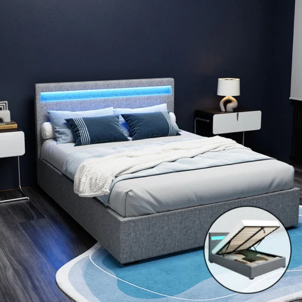 Artiss COLE Double LED Gas Lift Bed Frame – Grey