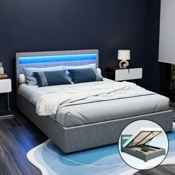 Artiss COLE Queen LED Gas Lift Bed Frame – Grey