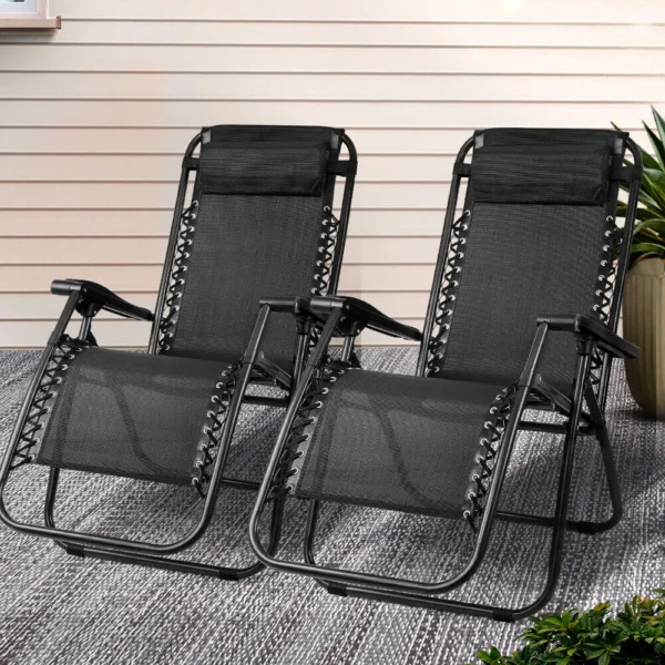 Gardeon 2-Piece Zero Gravity Chair Folding Outdoor Recliner Adjustable Sun Lounge Camping – Black