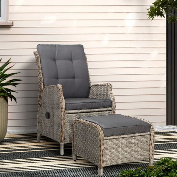 Gardeon Recliner Chair Sun Lounge Wicker Lounger Outdoor Furniture Patio Adjustable – Grey