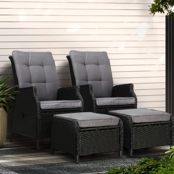 Gardeon 2-Piece Recliner Chair Sun Lounge Wicker Lounger Outdoor Furniture Adjustable – Black