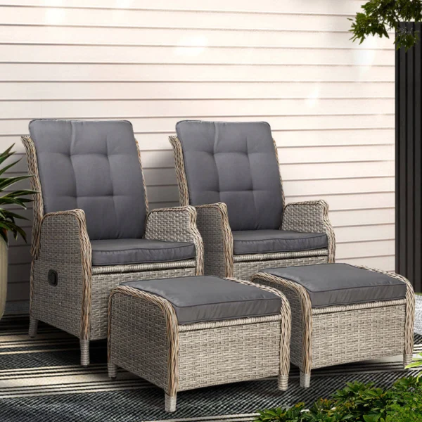 Gardeon 2-Piece Recliner Chair Sun Lounge Wicker Lounger Outdoor Furniture Adjustable – Grey
