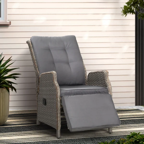 Gardeon Recliner Chairs Sun Lounge Wicker Lounger Outdoor Furniture Patio Adjustable – Grey