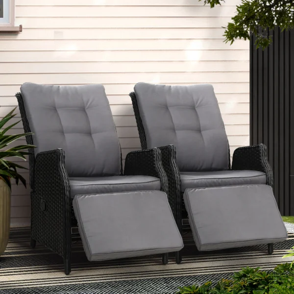 Gardeon 2-Piece Recliner Chairs Sun Lounge Wicker Lounger Outdoor Furniture Adjustable – Black