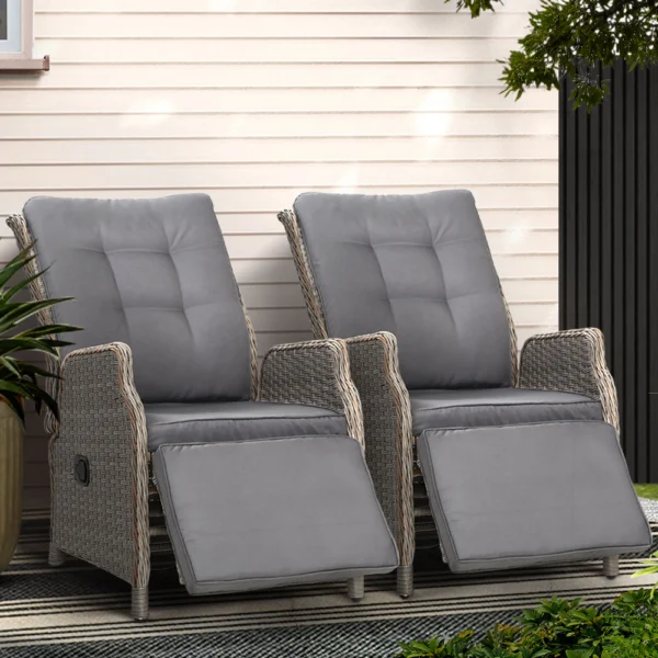 Gardeon 2-Piece Recliner Chairs Sun Lounge Wicker Lounger Outdoor Furniture Adjustable – Grey