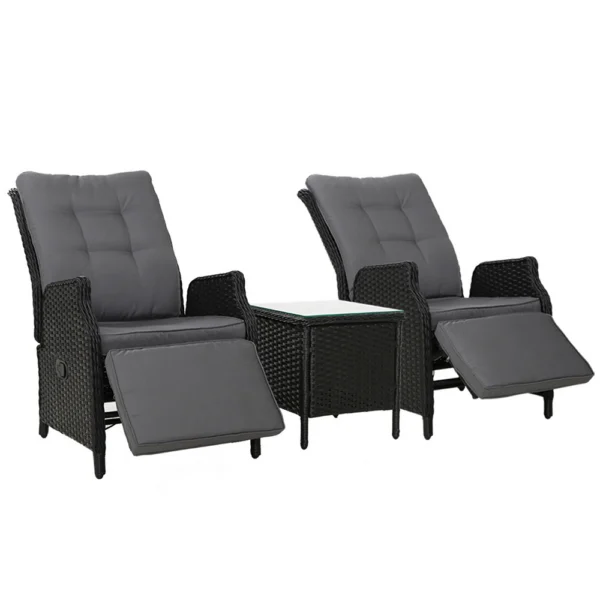 Gardeon 3-Piece Recliner Chairs Table Sun Lounge Outdoor Furniture Wicker Adjustable – Black