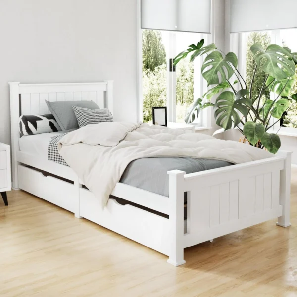 Artiss RIO Single Wooden Bed Frame with 2 Drawers – White