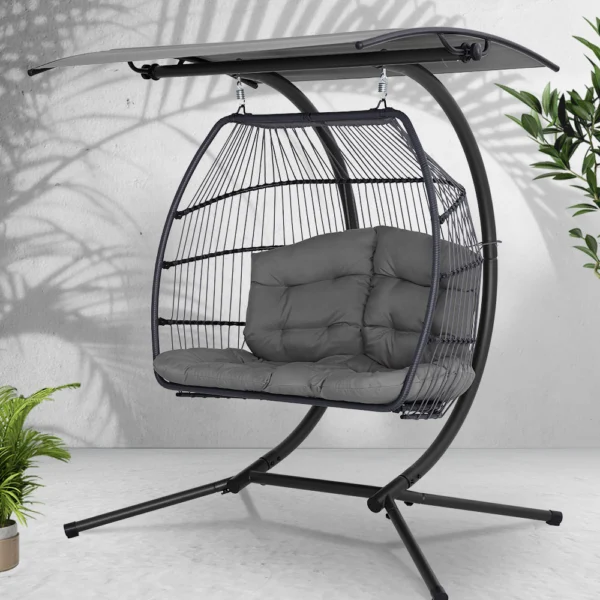 Gardeon Outdoor Egg Swing Chair Wicker Furniture Pod Stand Canopy 2 Seater – Grey