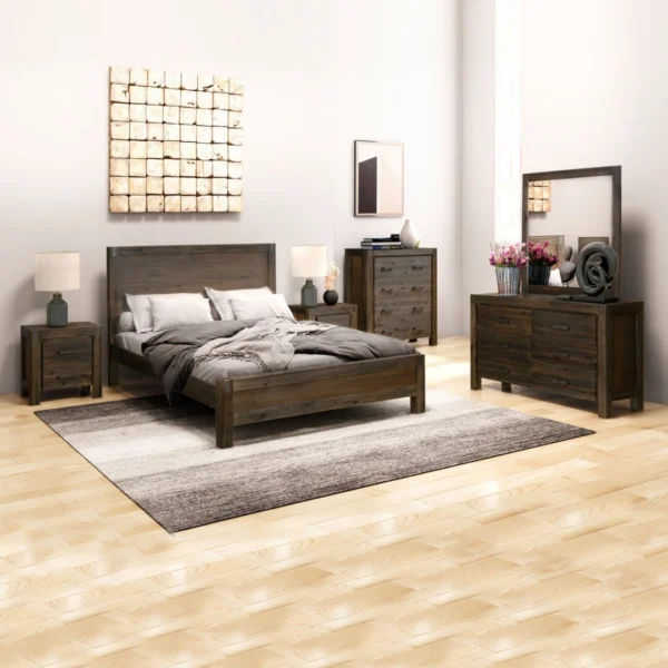 5 Pieces Bedroom Suite in Solid Wood Veneered Acacia Construction Timber Slat King Size Chocolate Colour Bed, Bedside Table, Tallboy & Dresser