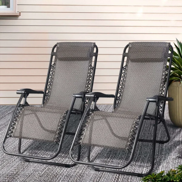 Gardeon 2-Piece Zero Gravity Chair Folding Outdoor Recliner Adjustable Sun Lounge Camping – Beige