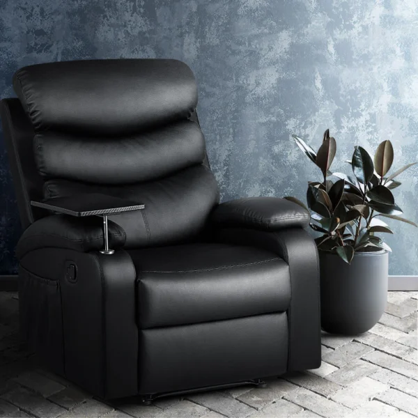 Artiss Recliner Chair PU Leather Black Tray Table Erika