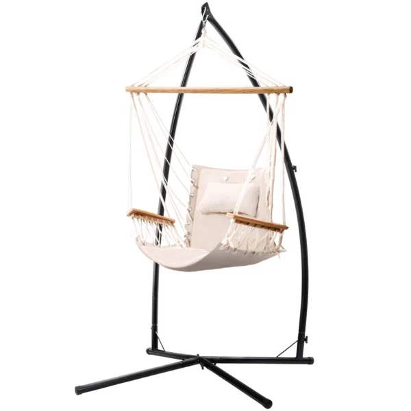Gardeon Hammock Chair with Steel Stand Armrest Outdoor Hanging – Cream