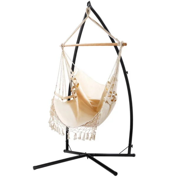 Gardeon Hammock Chair with Steel Stand Hanging Outdoor Tassel – Cream