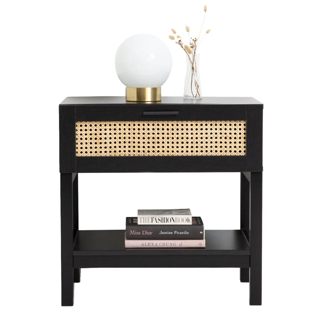 Casa Decor Tulum Rattan Bedside Table Drawers Table Nightstand Cabinet – Black