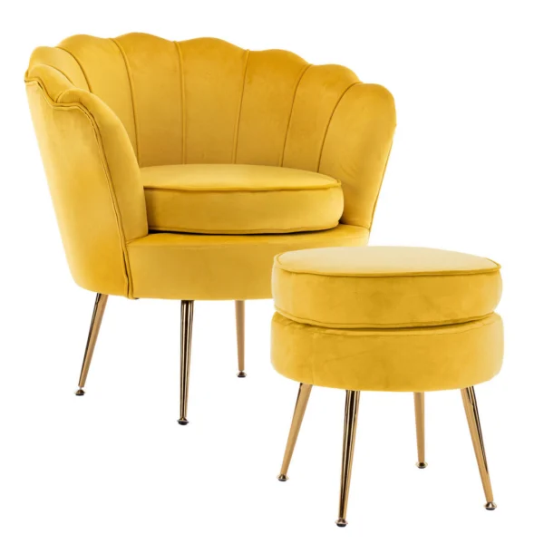 Armchair Lounge Chair Accent Velvet Shell Scallop + Round Ottoman Footstool – Yellow