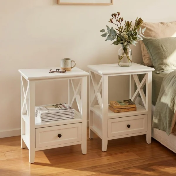 2-Tier Bedside Table with Storage Drawer 2-Piece Rustic – White