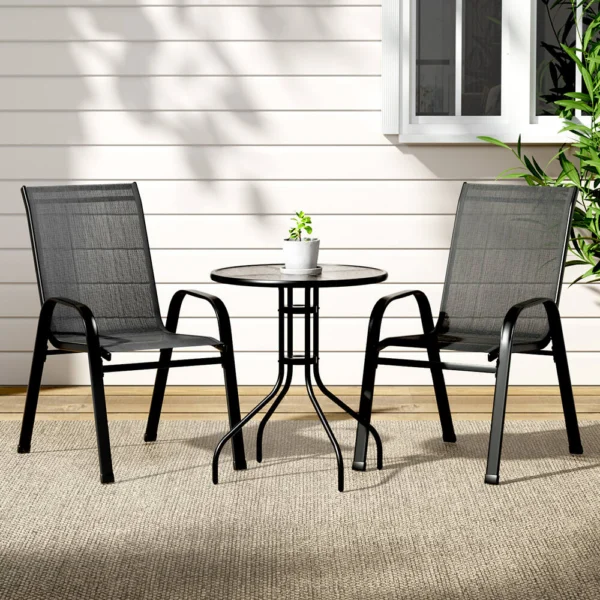 Gardeon 3-Piece Outdoor Bistro Set Table and Chairs Stackable Patio Furniture – Black