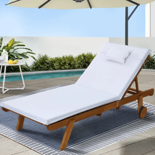 Gardeon Sun Lounge Wooden Lounger Outdoor Furniture Day Bed Wheels Patio – White