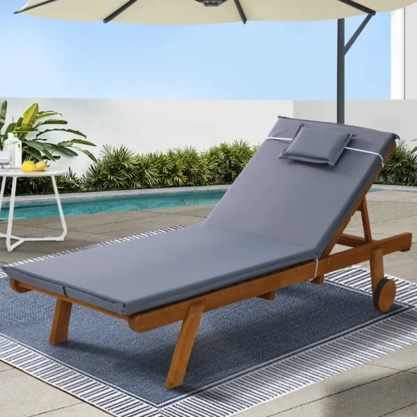 Gardeon Sun Lounge Wooden Lounger Outdoor Furniture Day Bed Wheels Patio – Grey