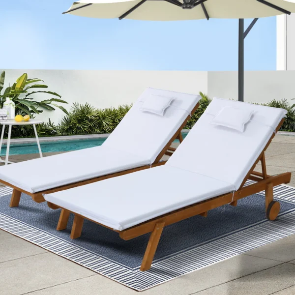Gardeon 2x Sun Lounge Wooden Lounger Outdoor Furniture Day Bed Wheel Patio – White