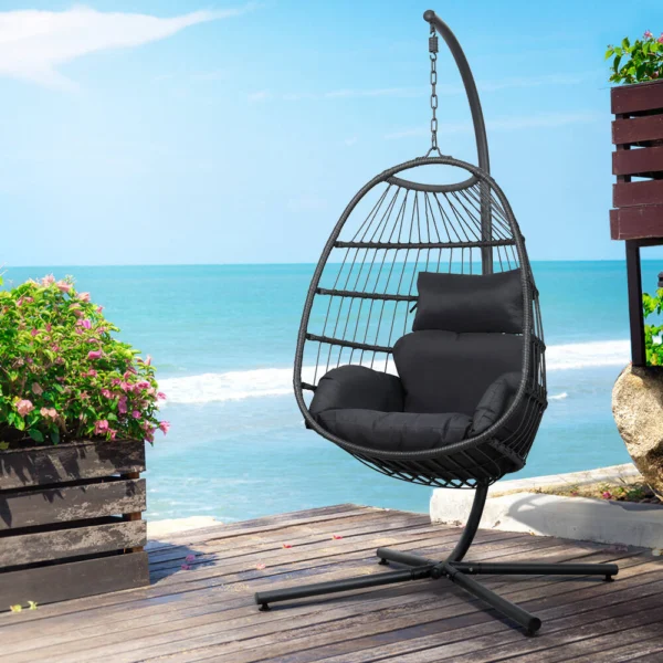 Gardeon Outdoor Egg Swing Chair Hanging Chair Wicker Rope Pod Stand Foldable – Grey