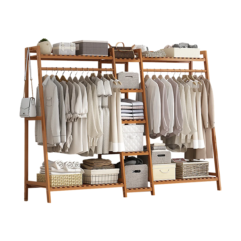 Portable Clothes Rack Coat Garment Stand Bamboo Rail Hanger Airer Closet