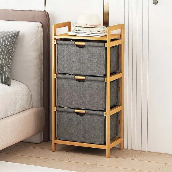 Bamboo Shelf with Storage Hamper – Wooden Organiser with 3 Laundry Bags