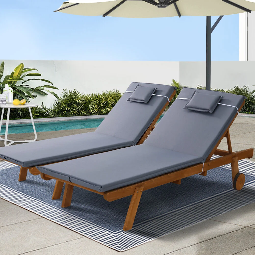 Gardeon 2x Sun Lounge Wooden Lounger Outdoor Furniture Day Bed Wheel Patio – Grey